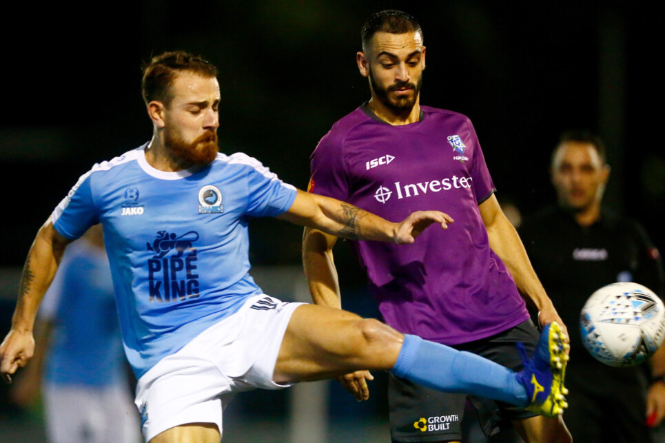 MIRANDA, AUSTRALIA - JUNE 09:  Match action during the National Premier Leagues NSW Men’s Round 14 match between Sutherland Sharks FC and Hakoah Sydney City East FC at Seymour Shaw on June 9, 2018 in Miranda, Australia. #NPLNSW @NPLNSW #NPLNSW @SutherlandSharksFC @HakoahSydneyCityEastFC  (Photo by Jeremy Ng/www.jeremyngphotos.com for Football NSW)